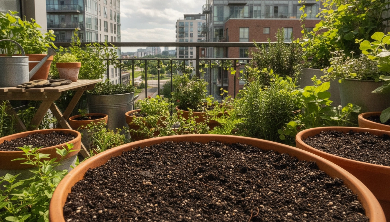 Plantes en bonne santé cultivées grâce à un terreau maison de qualité sur un balcon urbain.