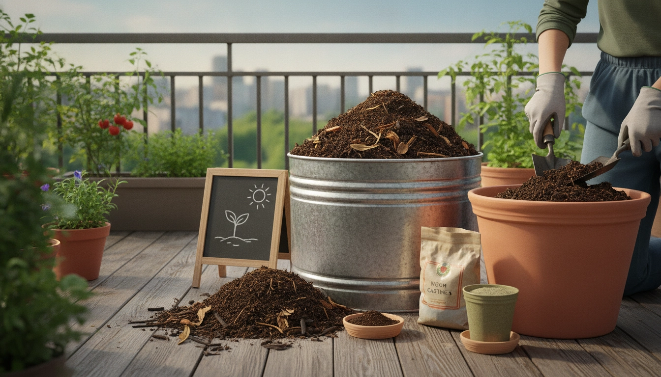 Un jardinier urbain préparant son propre terreau maison balcon compost avec des outils manuels.
