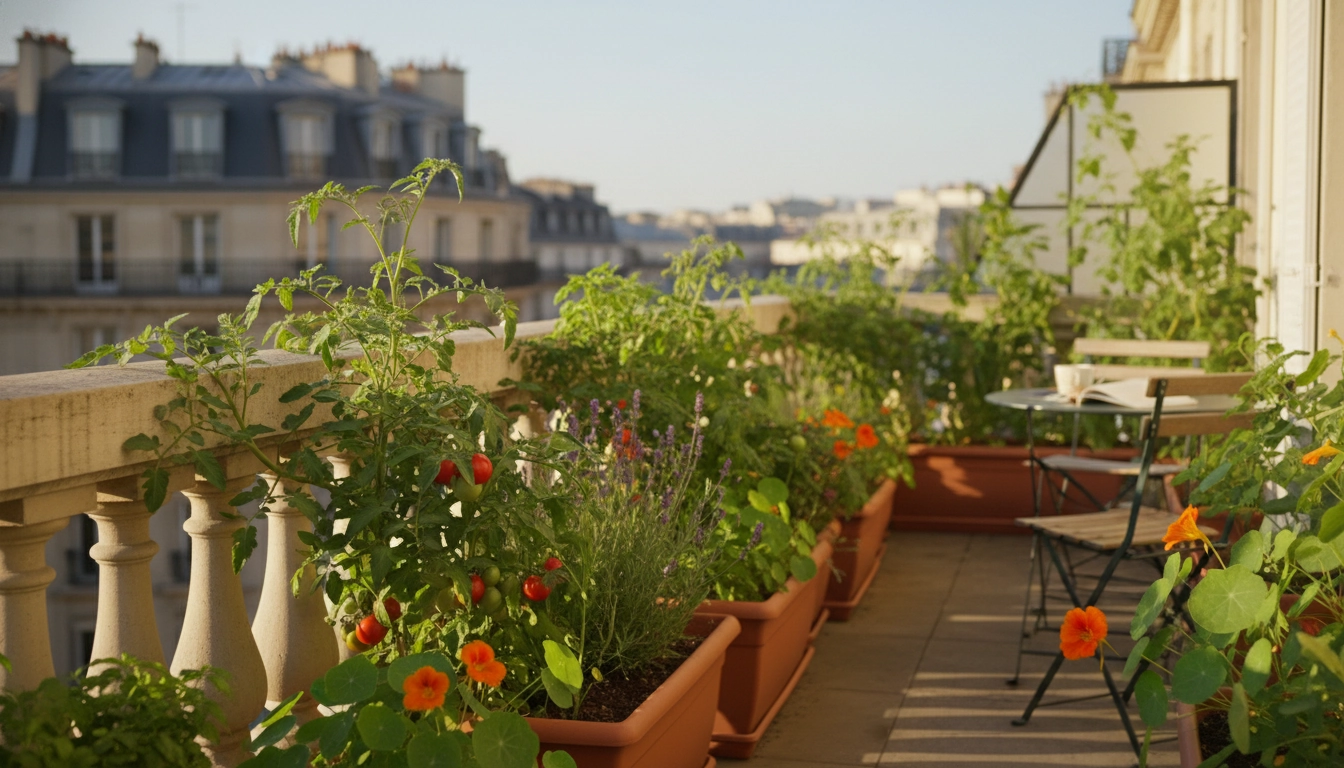 Balcon urbain avec des plantes espacées et compagnes pour comment prévenir l'invasion de parasites sur les plantes de balcon urbain