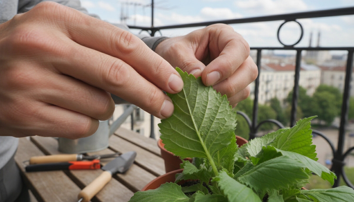 Inspection régulière du feuillage des plantes de balcon pour surveiller l'apparition de parasites en milieu urbain