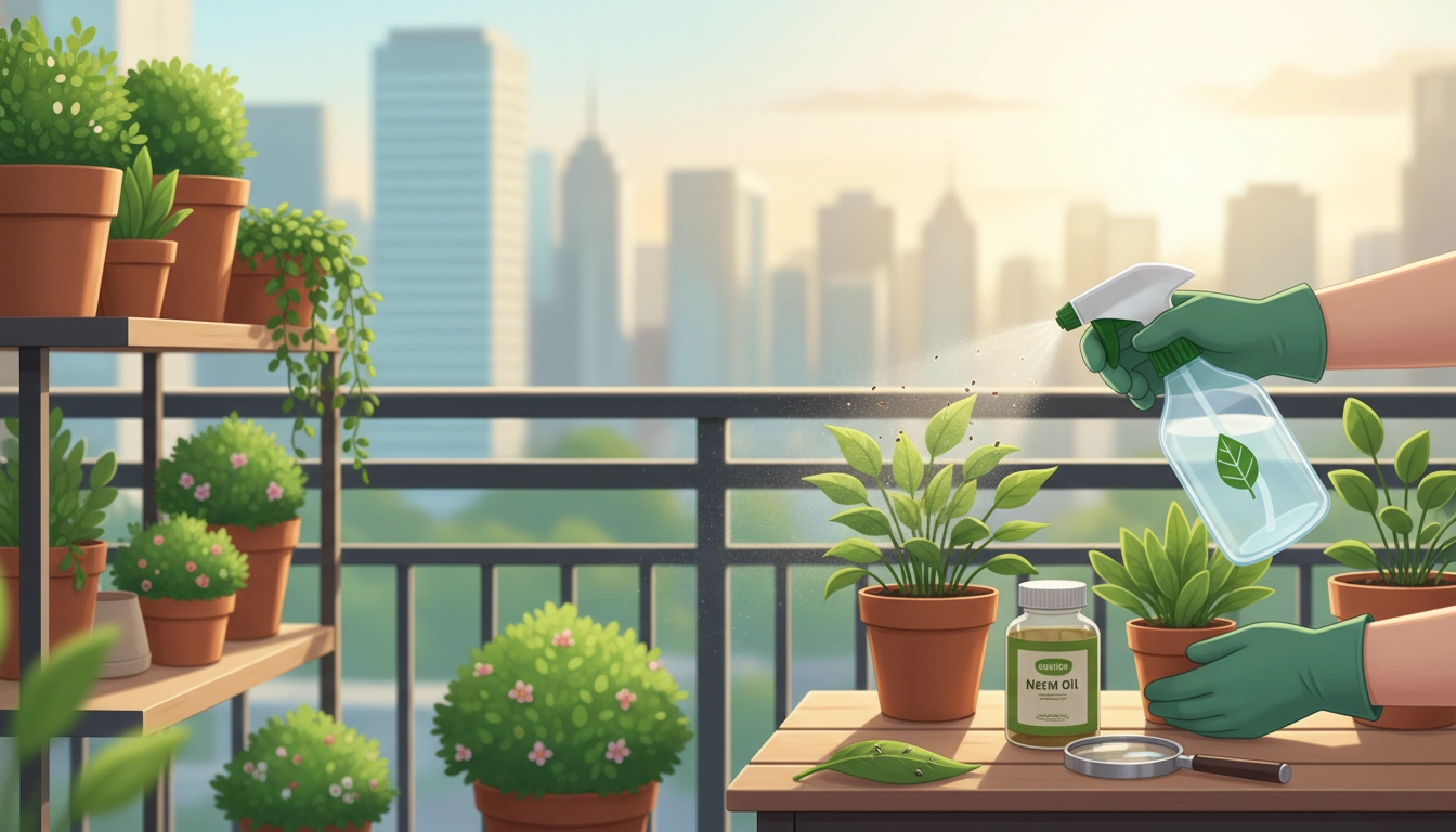 Balcon urbain fleuri avec des plantes compagnes et des pots espacés pour prévenir les parasites