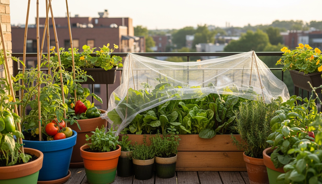 Filet anti-insectes pour protéger le potager balcon avec tomates et légumes en pots