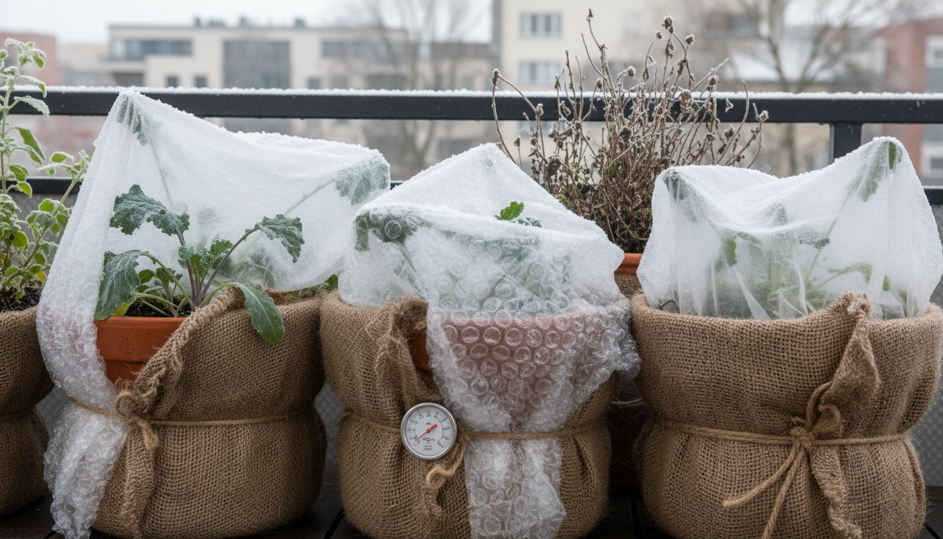Voile d'hivernage et isolation des pots pour protéger le potager balcon du gel en hiver
