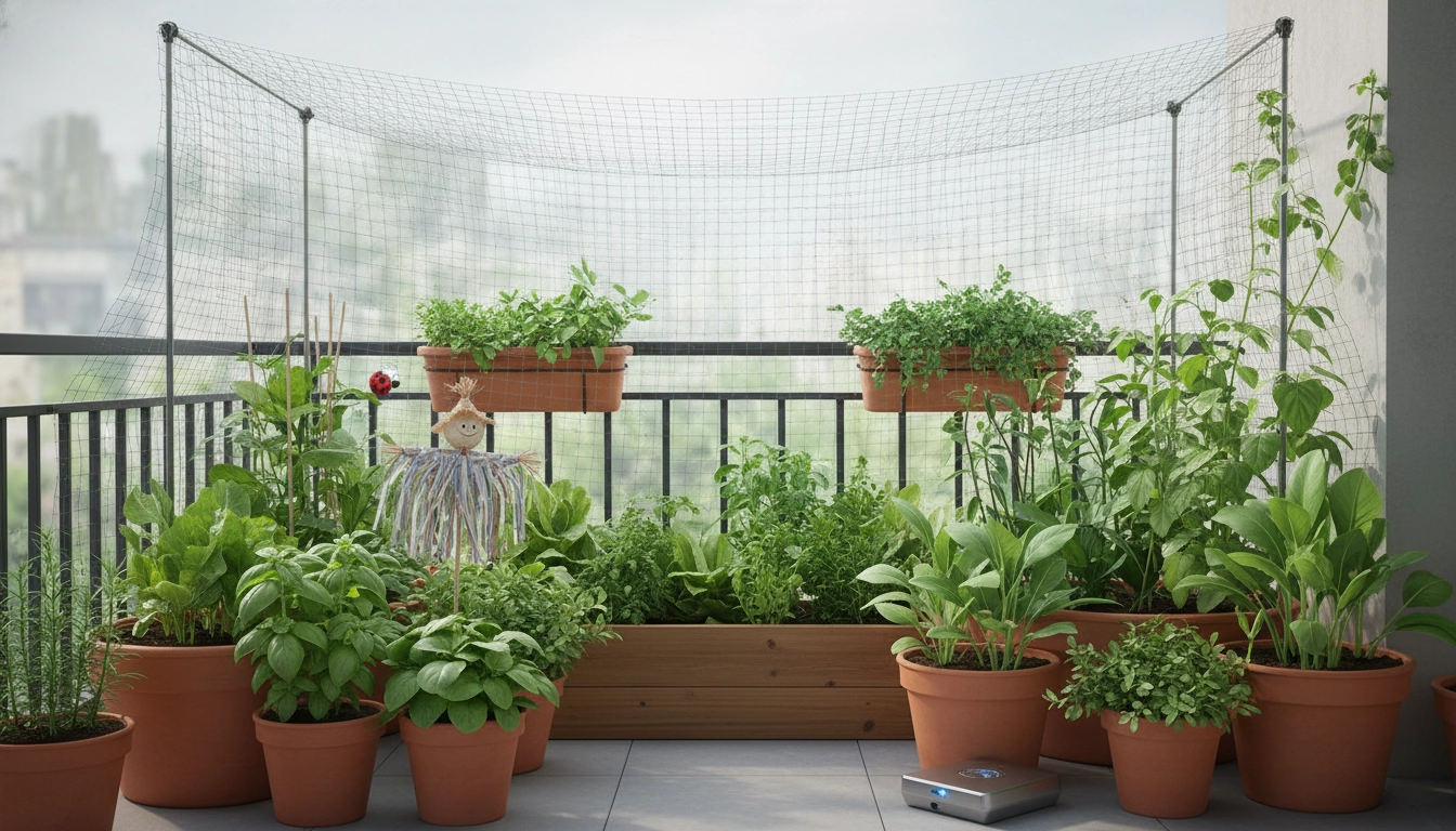 Potager balcon avec filet de protection, tomates tuteurées et herbes aromatiques bien soignées