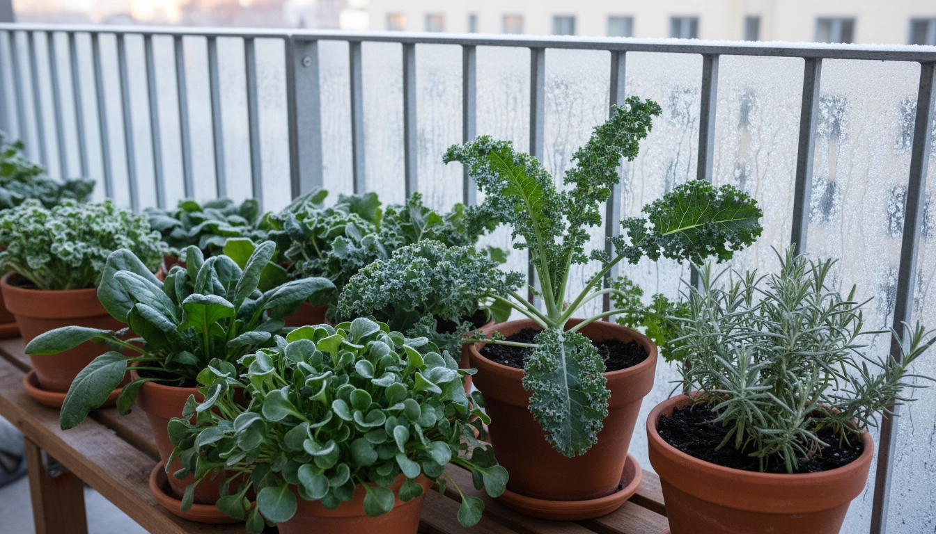 Légumes d'hiver résistants au froid cultivés en pot sur un balcon urbain en hiver