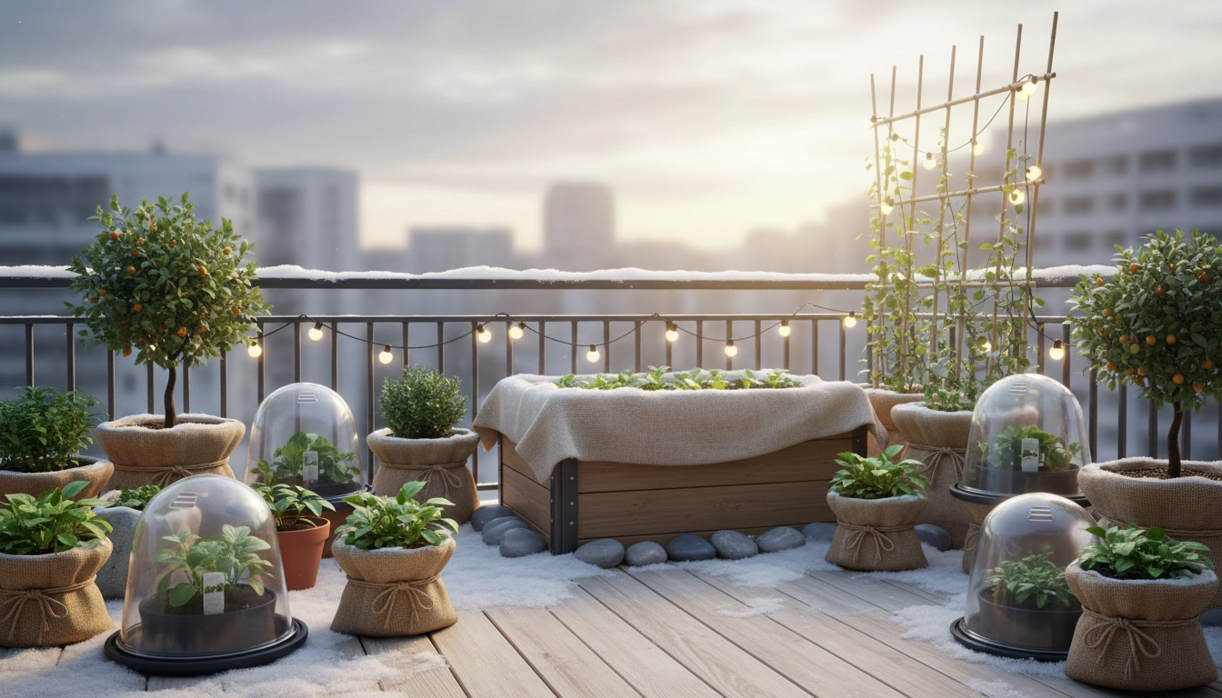 Potager sur balcon en hiver avec protection contre le gel, voile horticole sur jardinières enneigées