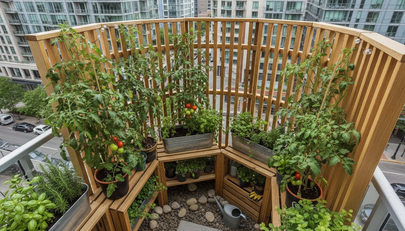 Brise-vent en bois pour protéger les plants de tomates sur un balcon