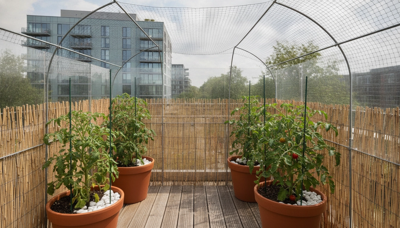 Installation de protection pour tomates sur un balcon urbain contre le vent fort.