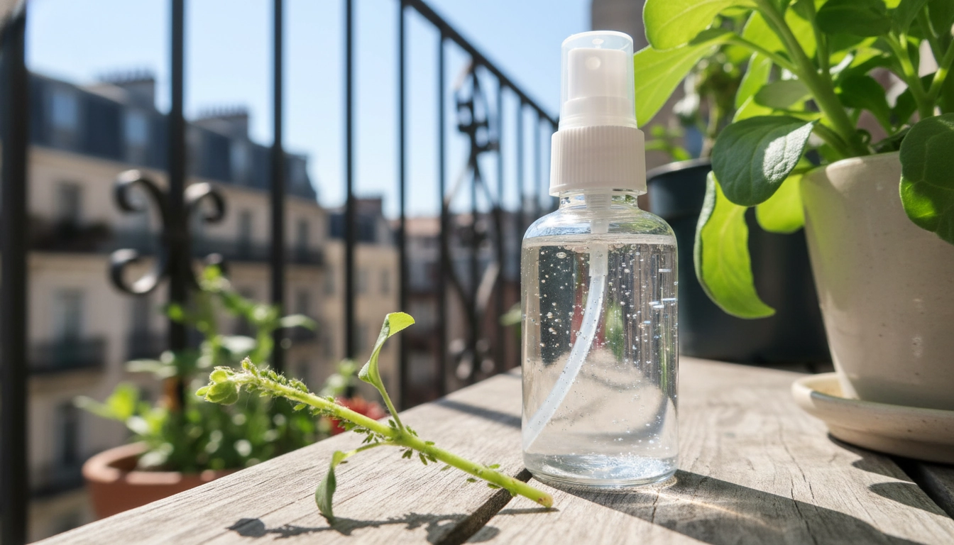 Spray vaporisateur avec remède maison bicarbonate contre les pucerons des plantes de balcon