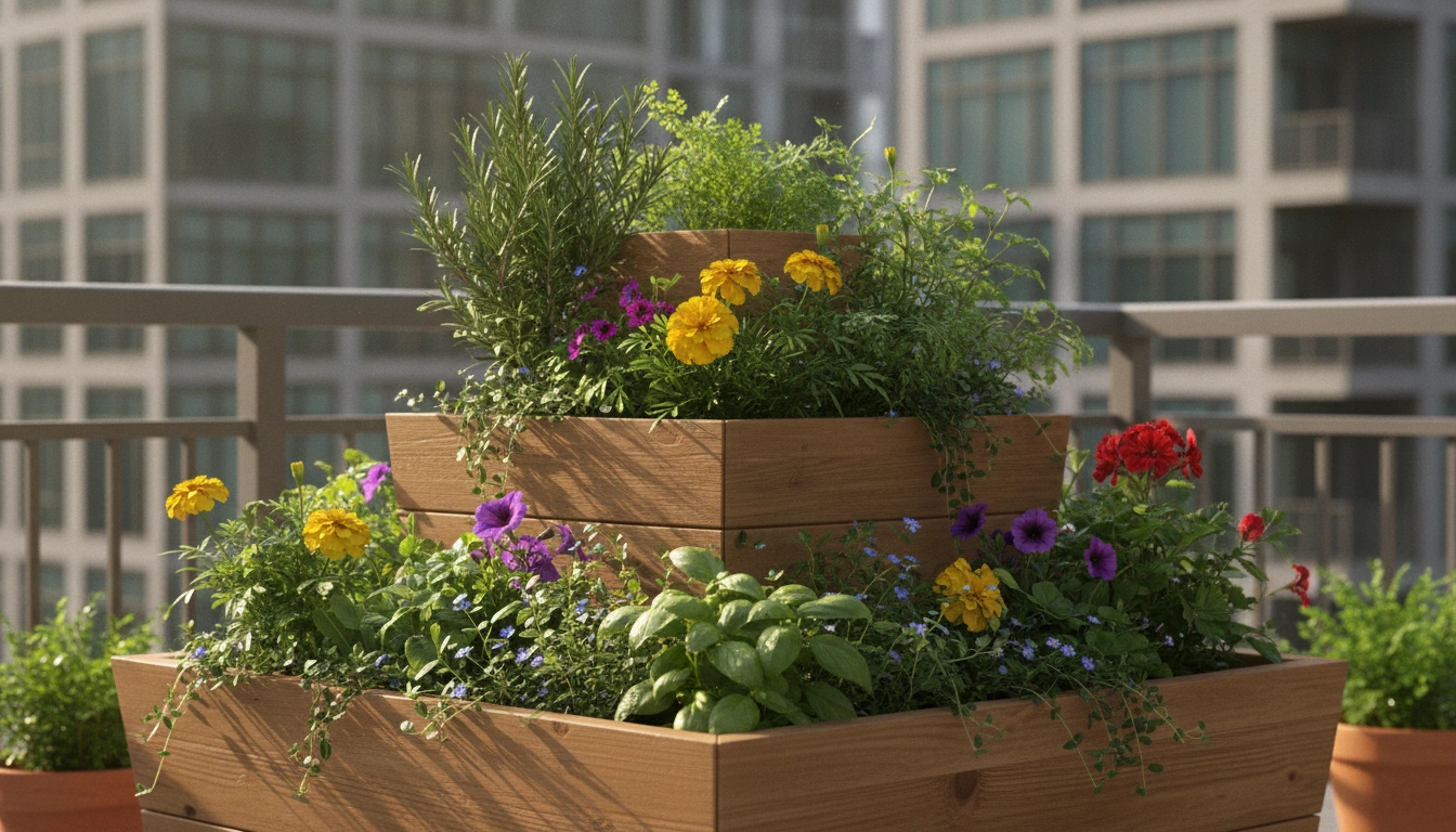 Détail d'une pyramid plantes en bois empilé jardin urbain fleurie