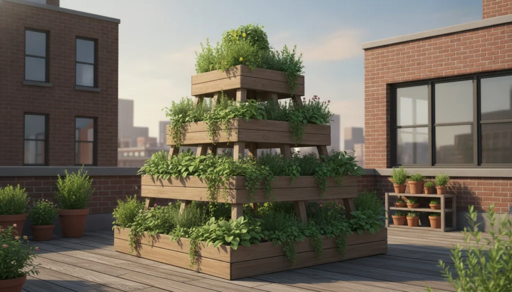 Une magnifique pyramide plantes en bois empilé jardin urbain sur un balcon ensoleillé
