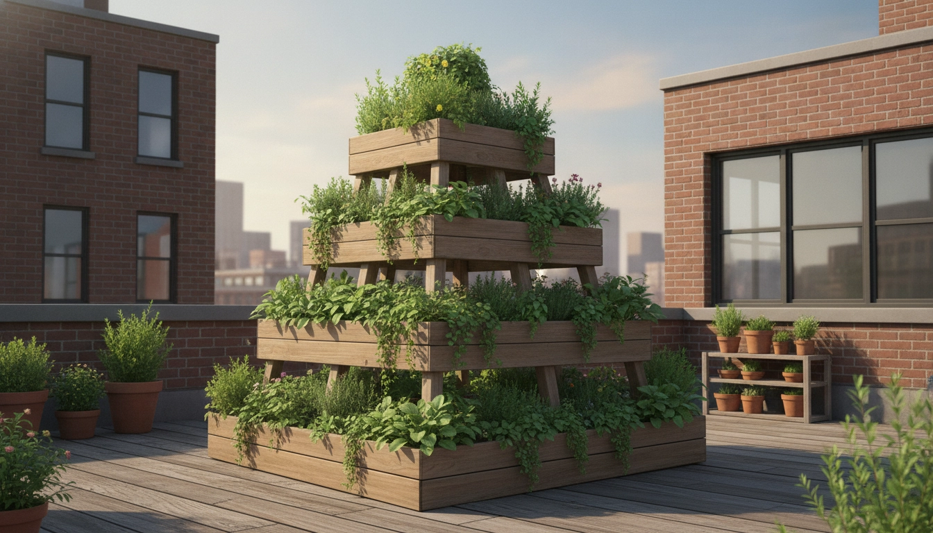 Une magnifique pyramide plantes en bois empilé jardin urbain sur un balcon ensoleillé