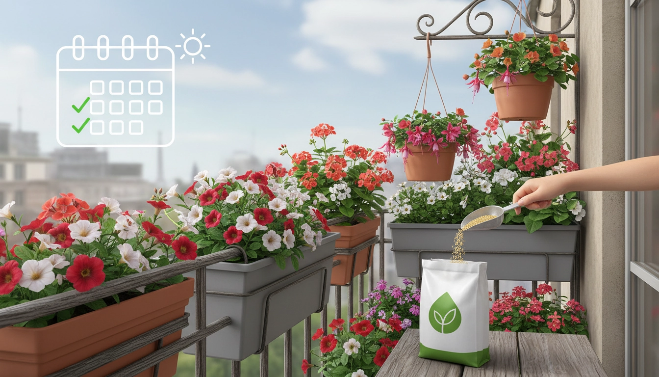 Plantes de balcon en fleurs avec engrais liquide versé dans un pot, balcon ensoleillé
