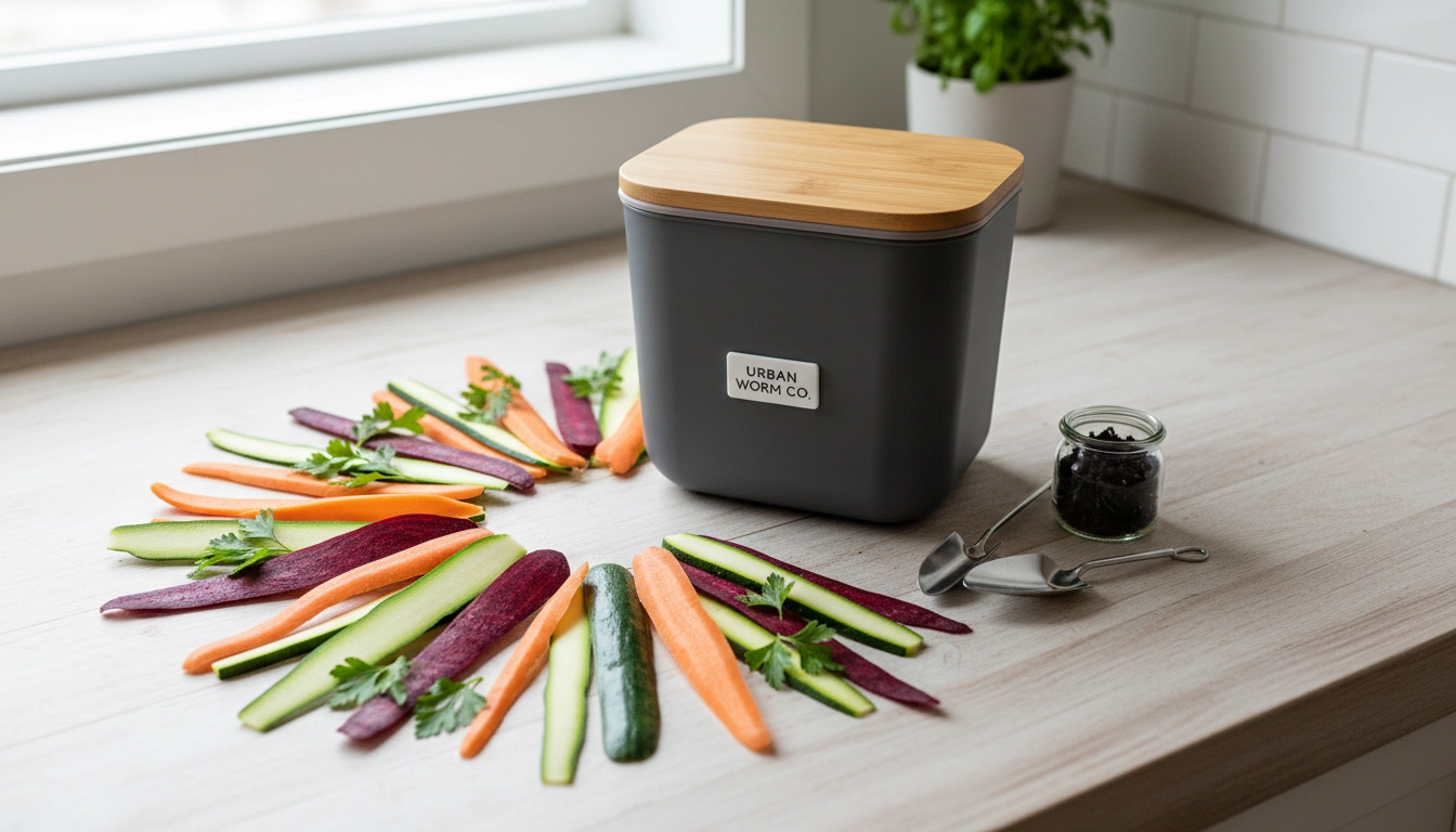 Épluchures de légumes colorées à côté d'un composteur d'appartement, illustrant que composter appartement au quotidien