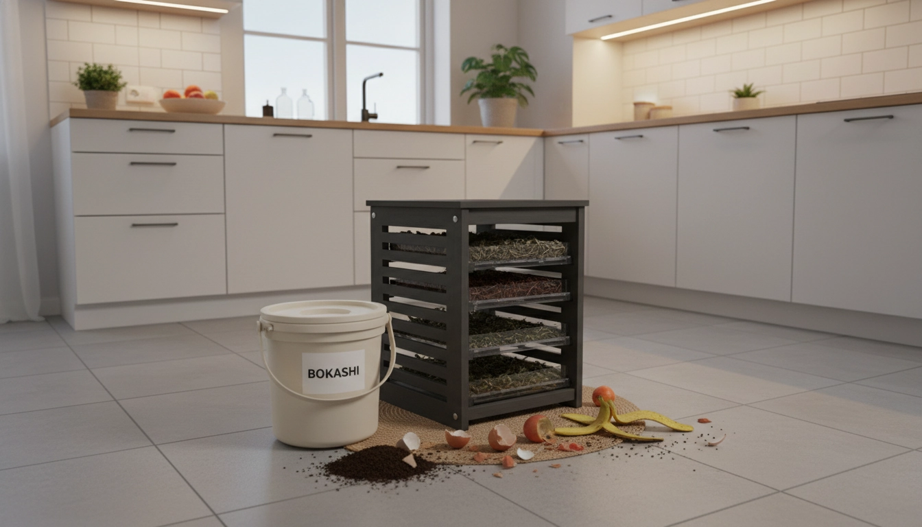 Comparaison d'un bac bokashi et d'un vermicomposteur d'appartement posés côte à côte dans une cuisine moderne