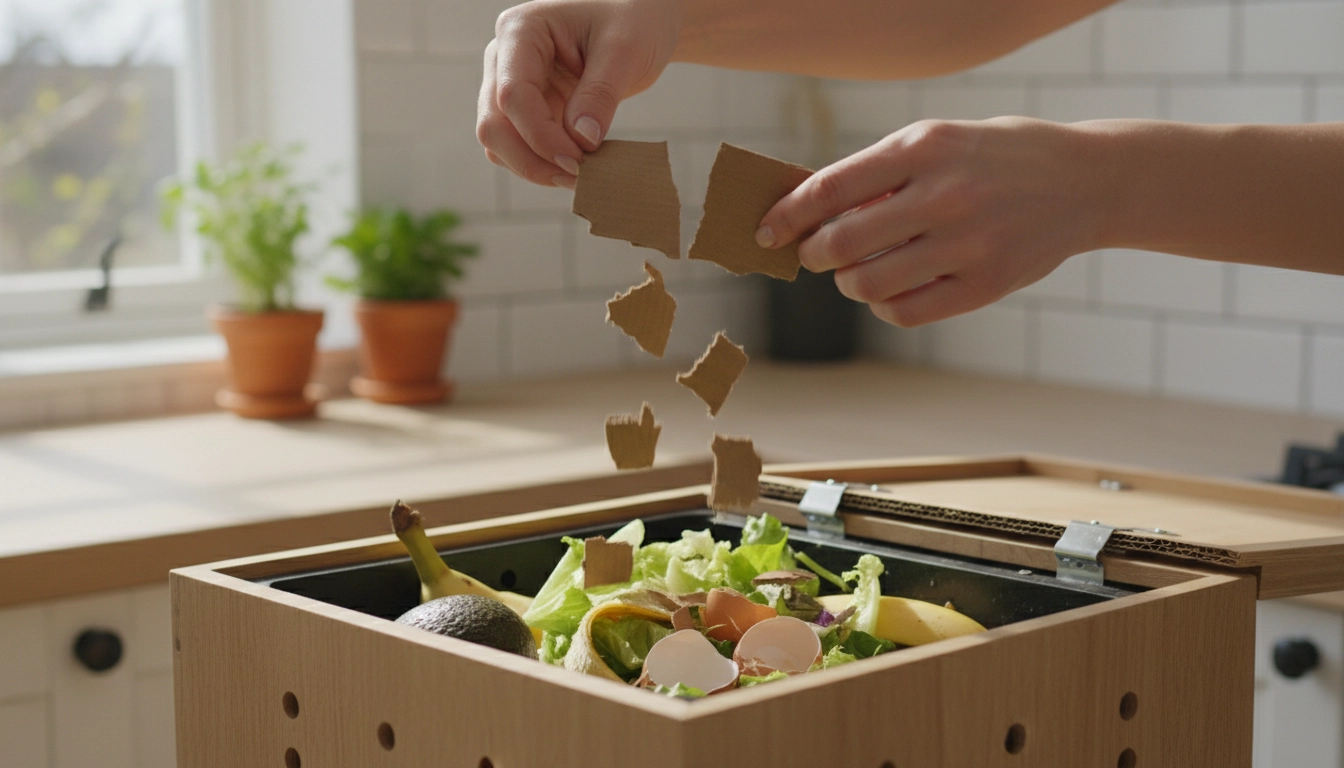 Mains déchirant du carton brun pour équilibrer les matières vertes et brunes dans un composteur d'appartement