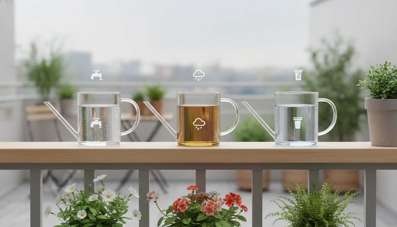 Une jardinière fleurie sur un balcon ensoleillé avec un arrosoir, illustrant quelle eau utiliser pour arroser plantes balcon.