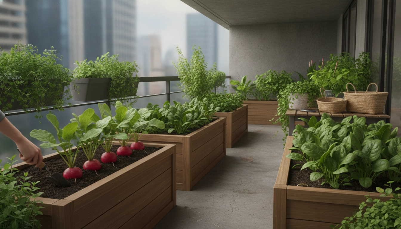 Un potager urbain luxuriant permettant de récolter radis épinards balcon sans ensoleillement direct