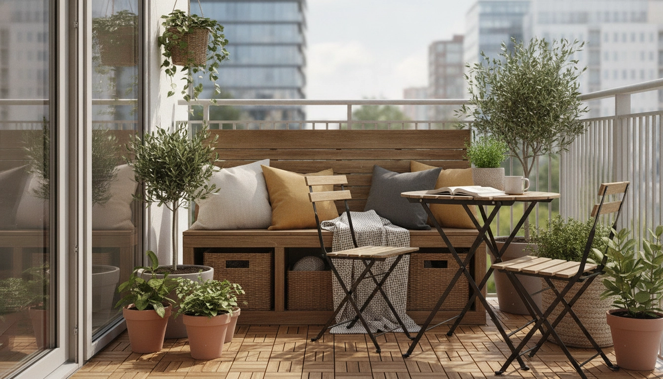 Exemple concret de rangement balcon locataire sans abîmer les murs avec des meubles astucieux