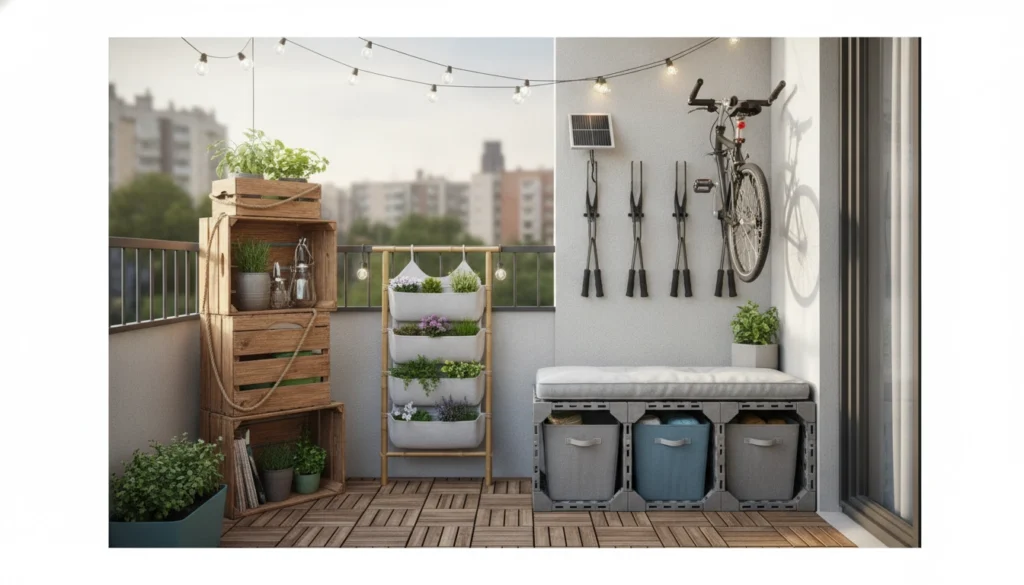 Un balcon aménagé avec des solutions de rangement balcon locataire sans abîmer les murs