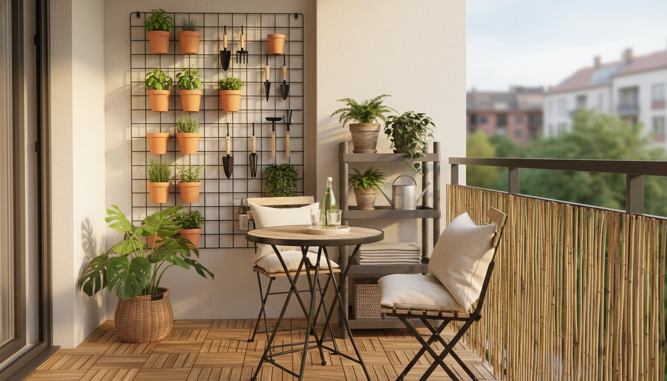 Balcon d'appartement avec rangement balcon optimisé en hauteur : grilles murales, étagères empilées et plantes vertes