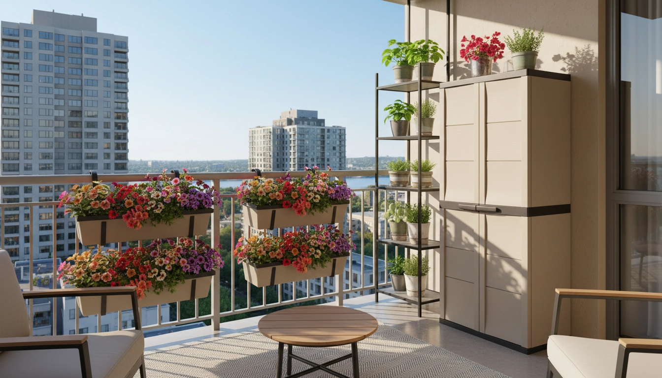 Balcon ordonné avec solutions de rangement sans perçage : armoire résine, jardinières sur rambarde et étagères à tension
