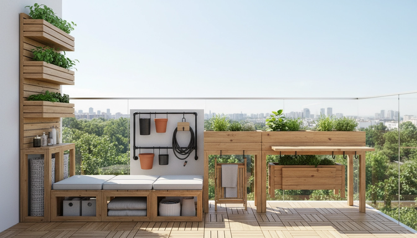 Balcon d'appartement avec un rangement balcon optimisé : étagères verticales, bacs résine et plantes disposées avec soin