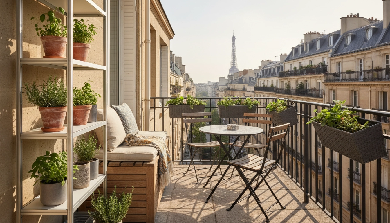 Solutions rangement balcon sans percer murs avec étagères autoportantes et banc coffre sur un petit balcon parisien