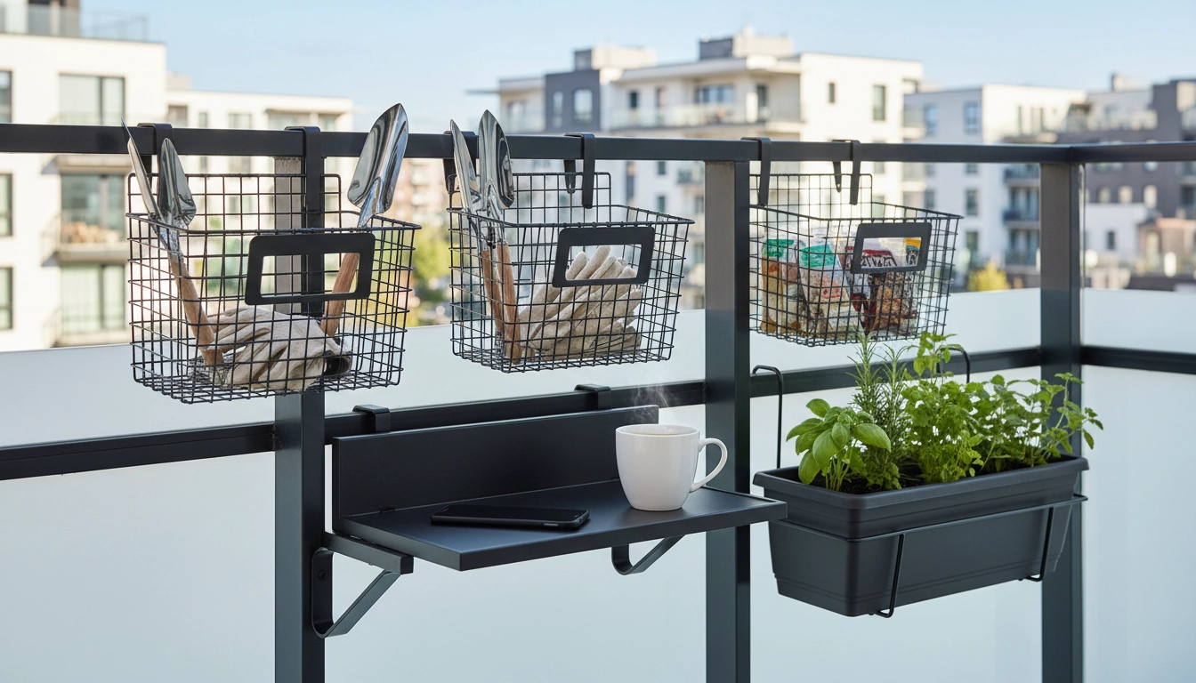Rangement sur rambarde de balcon sans percer : jardinières, paniers filaires et tablette rabattable en solution zéro perçage