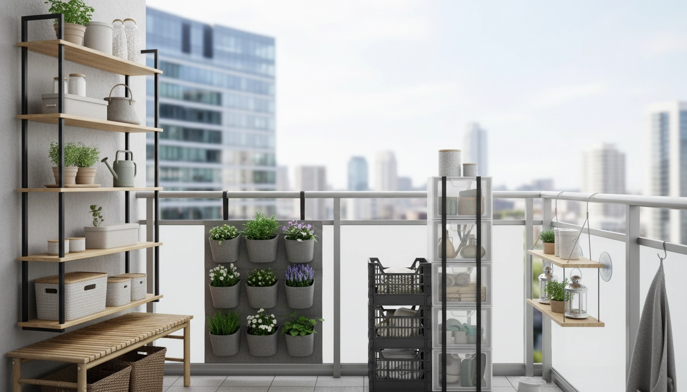 Balcon aménagé avec des solutions rangement balcon sans percer murs : étagères autoportantes, jardinières sur rambarde et crochets adhésifs