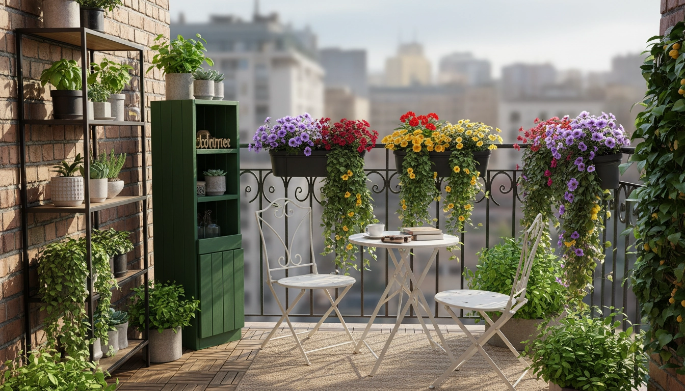 Exemple de rangement vertical balcon petit espace avec étagères murales, paniers suspendus et colonne de rangement extérieure