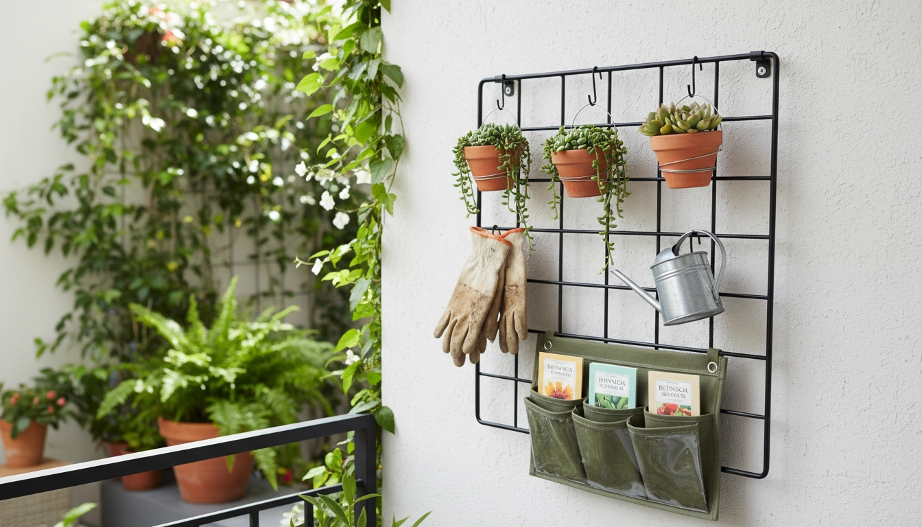 Grille murale avec accessoires de jardinage et poches de rangement pour optimiser un petit balcon en hauteur
