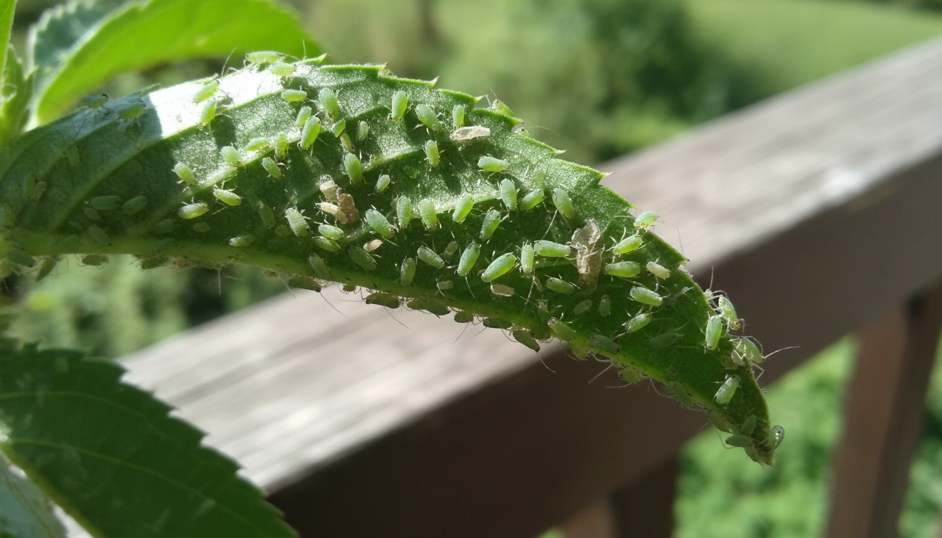 Gros plan sur des pucerons verts pour reconnaître les pucerons sur plantes balcon dès les premiers signes d'infestation