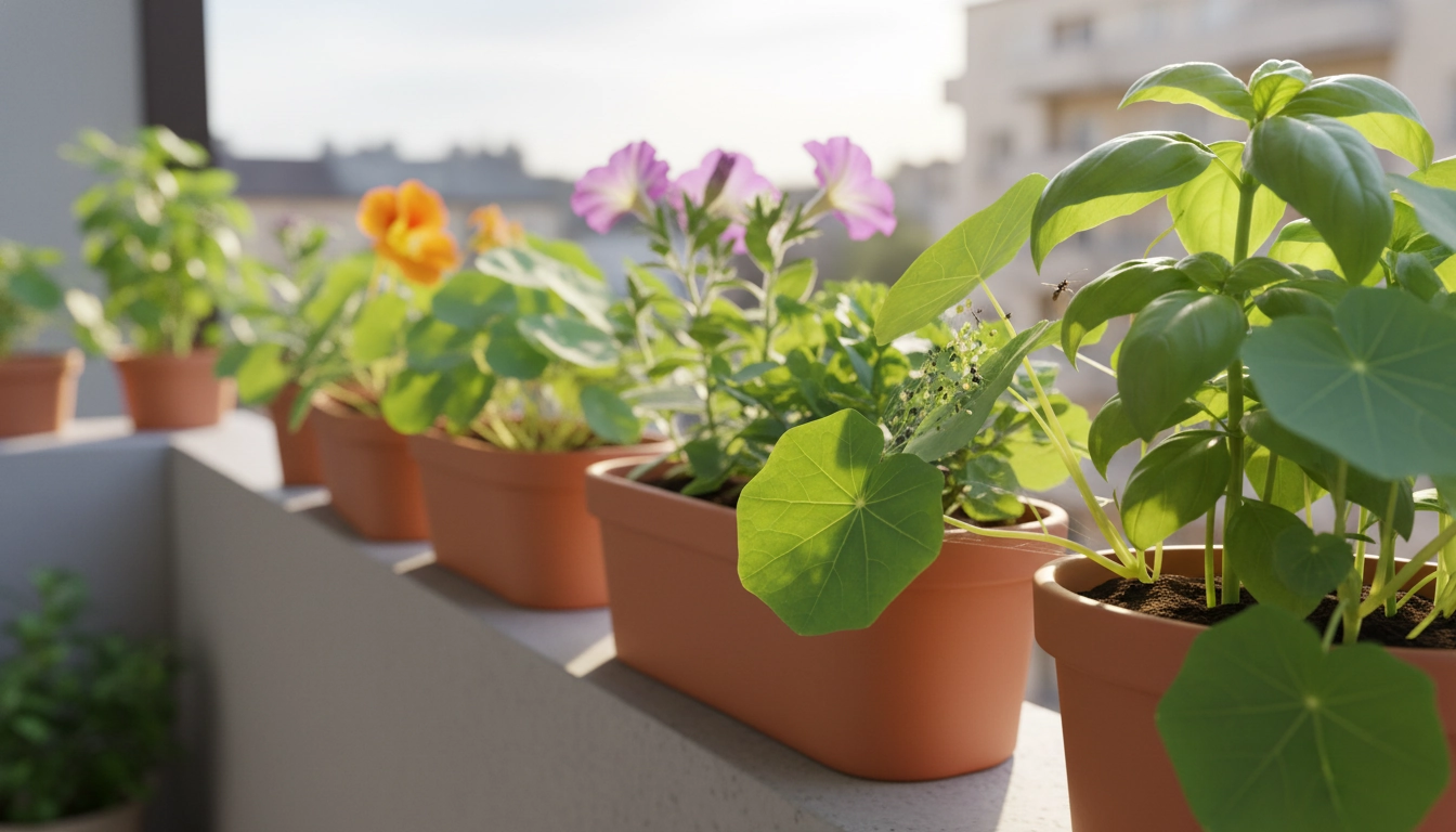 Colonie de pucerons verts regroupés sous une feuille de plante de balcon
