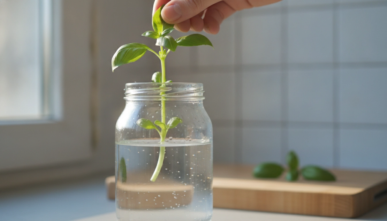 Action de récupérer pot aromatiques supermarché pour faire des boutures dans un verre d'eau