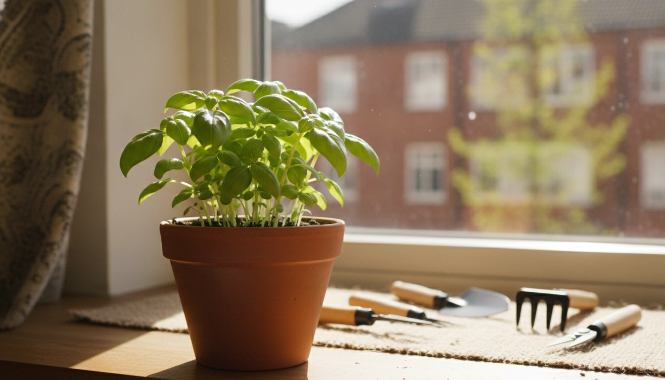 Un pot d'herbes aromatiques bouturé avec succès sur un rebord de fenêtre