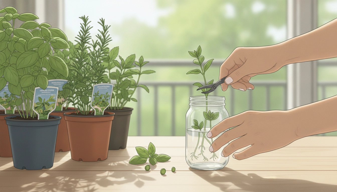 Une main tenant une tige de basilic prête à être mise dans l'eau pour récupérer pot aromatiques supermarché pour faire des boutures