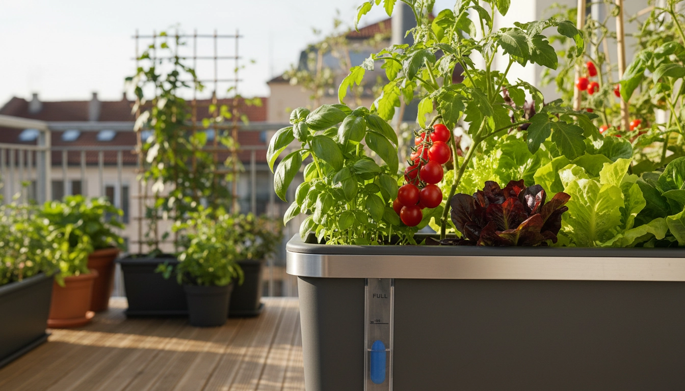 Bac avec réserve d'eau incorporée sur balcon pour un potager autonome et productif