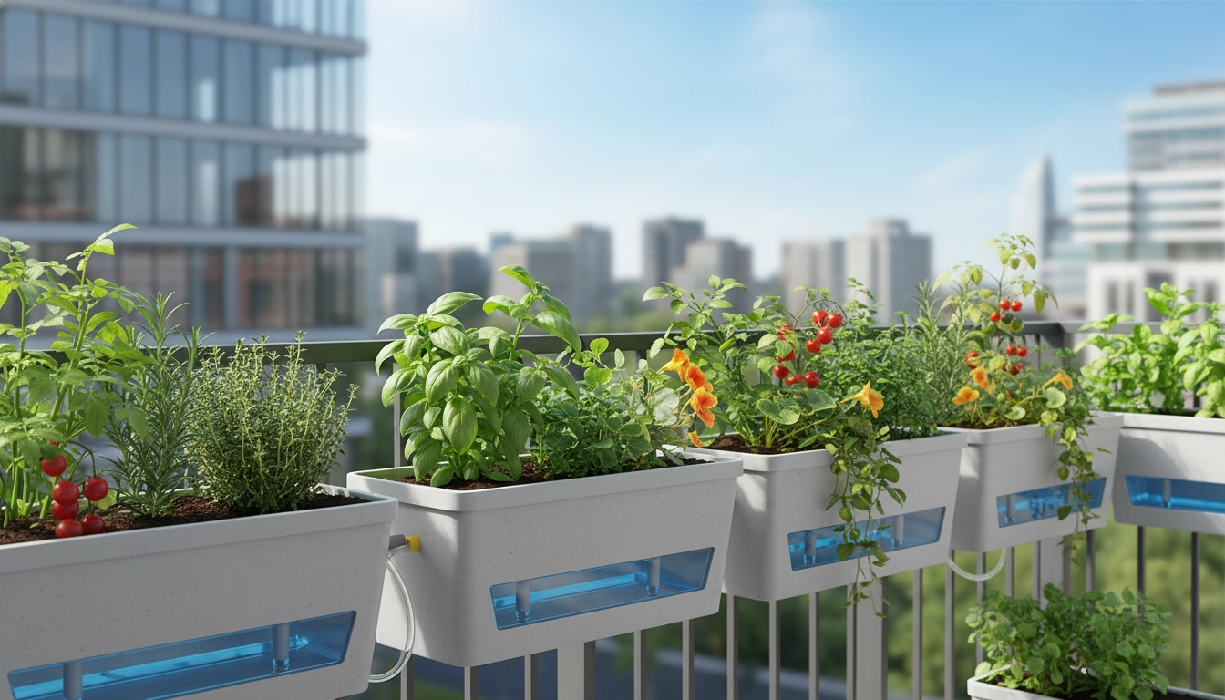 Bac potager de balcon avec réserve d'eau incorporée pour un potager autonome