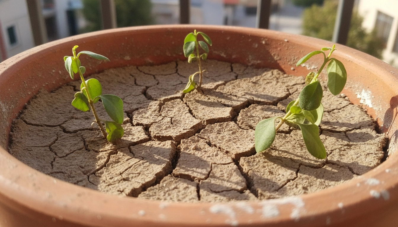 Terre sèche dans un pot de balcon pour illustrer comment savoir si plante balcon manque eau.