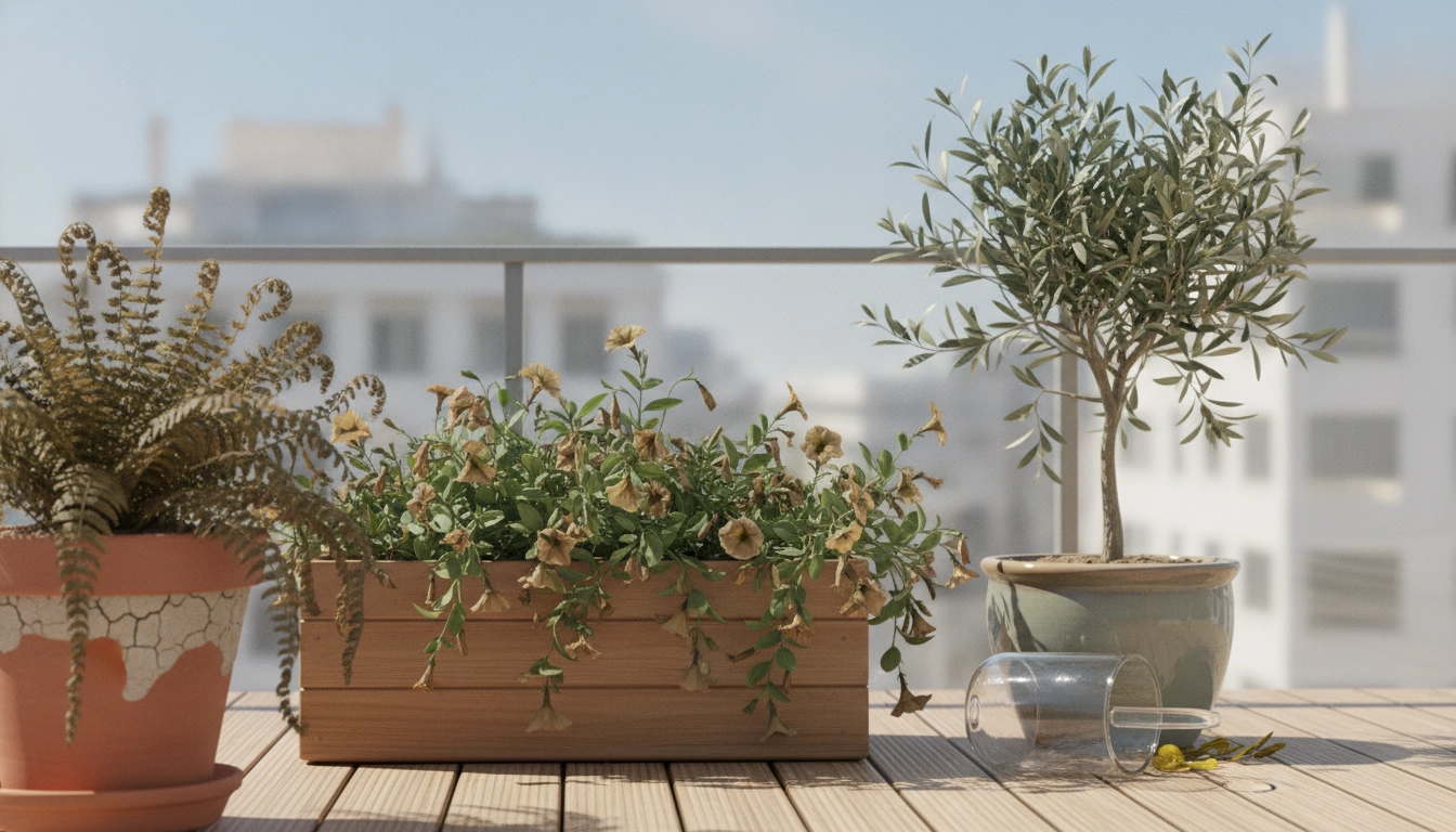 Une jardinière sur un balcon montrant une plante qui a besoin d'arrosage, expliquant comment savoir si plante balcon manque eau.