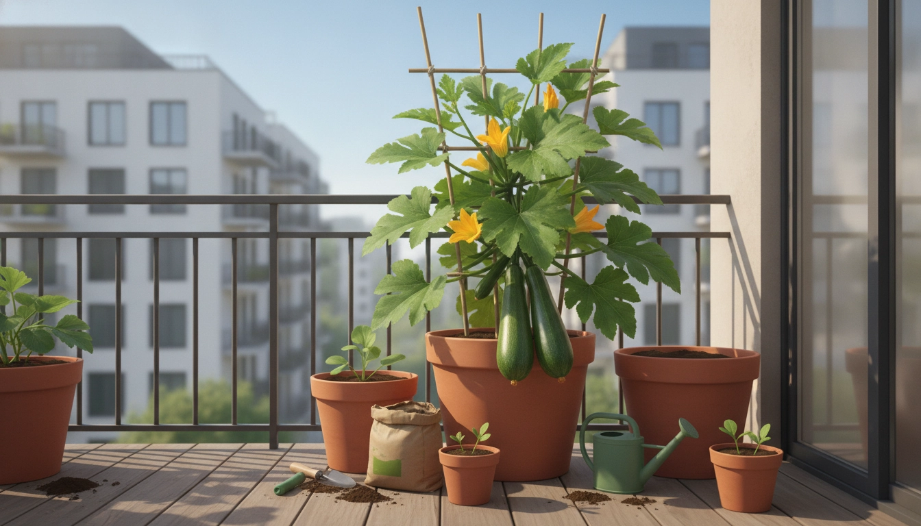 Plant de courgette en pot sur un balcon ensoleillé