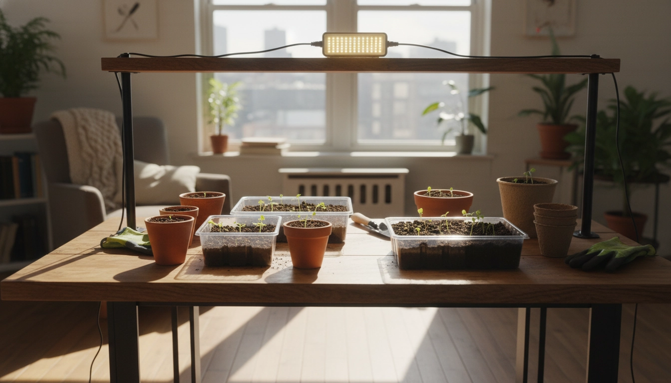 Plateaux de semis balcon intérieur posés sur un rebord de fenêtre ensoleillé avec des jeunes pousses vertes