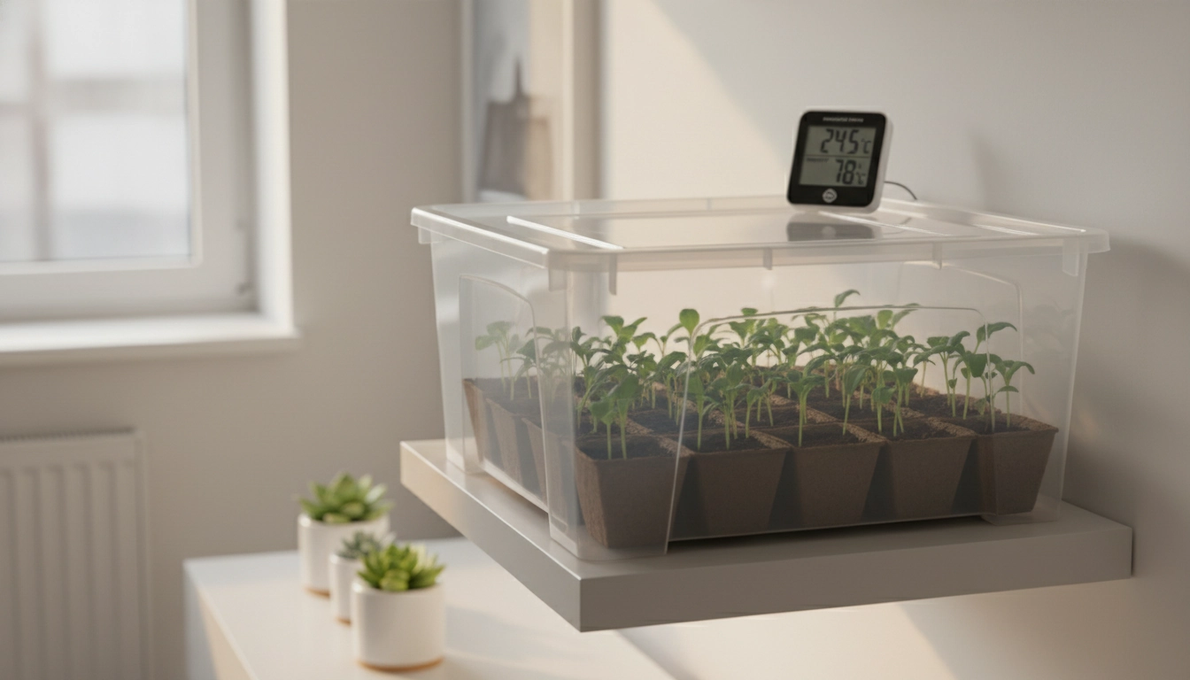Mini serre intérieure maison fabriquée avec un bac plastique transparent pour des semis en appartement