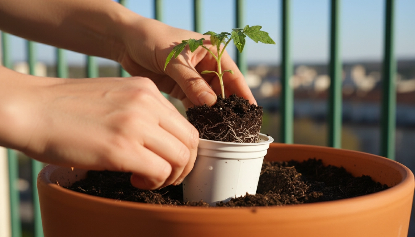 Transplantation d'un semis d'intérieur vers un pot de balcon en préservant le système racinaire au printemps