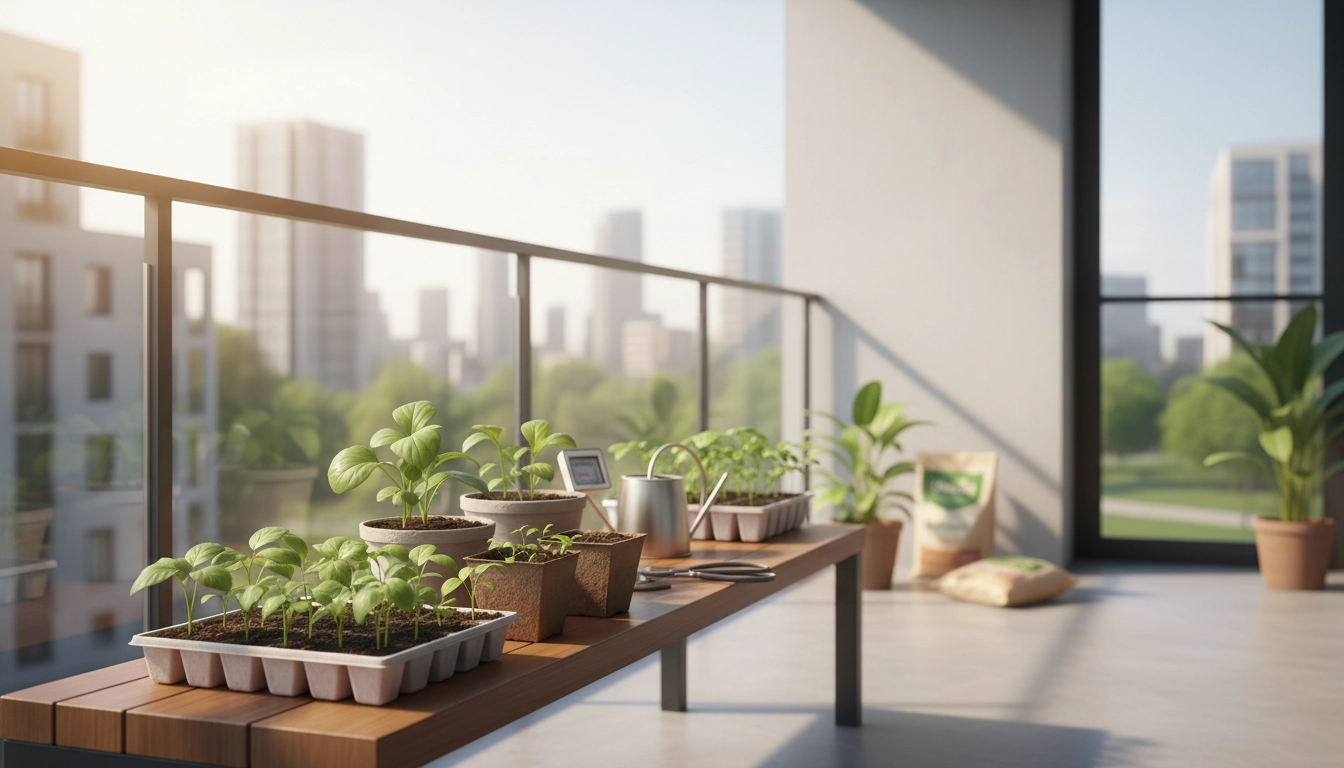 Plateau de semis balcon intérieur avec plantules vertes sous lampe LED dans un appartement lumineux