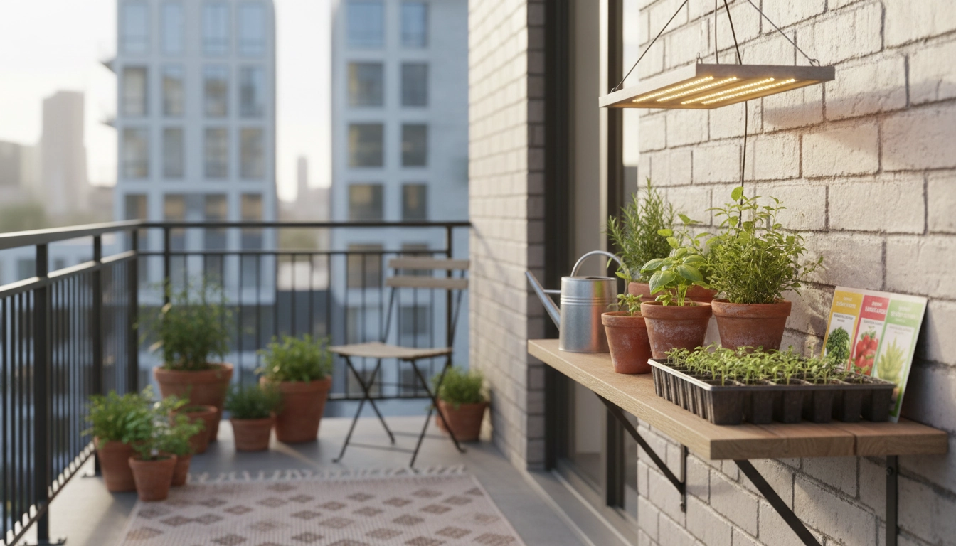 Démarrage de semis et bouturage sur un balcon urbain avec lampe de croissance et plateaux d'alvéoles