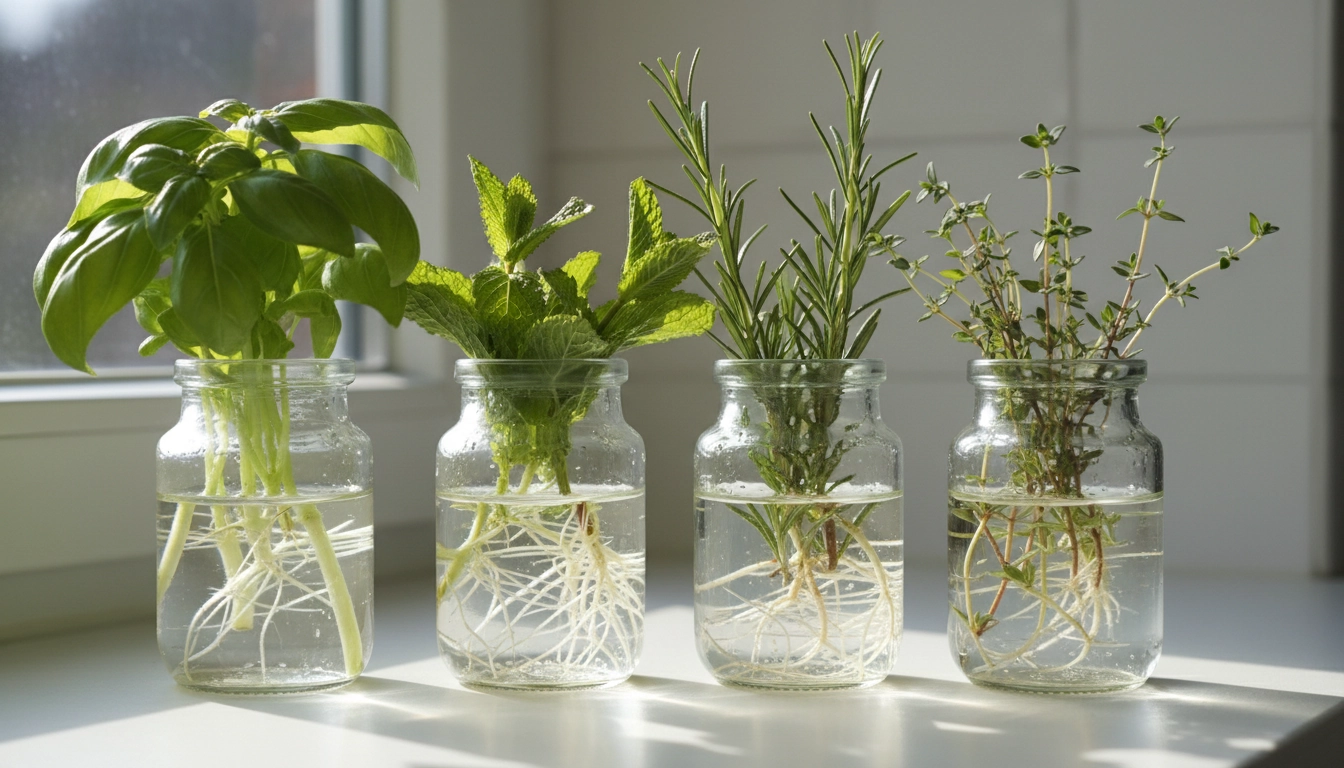 Boutures de plantes aromatiques en verre d'eau sur un rebord de fenêtre ensoleillé avec racines visibles