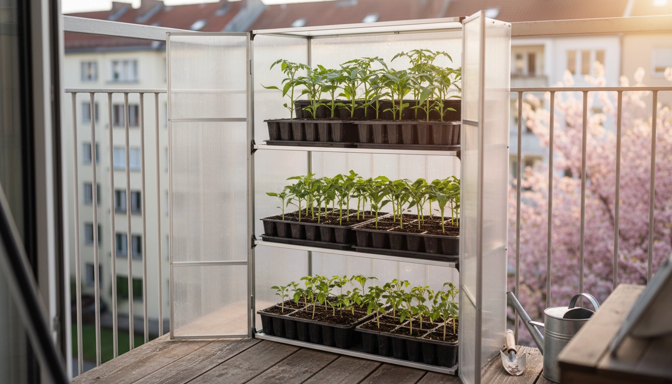 Mini serre de balcon pour semis et bouturage avec plateaux de plants à différents stades de croissance