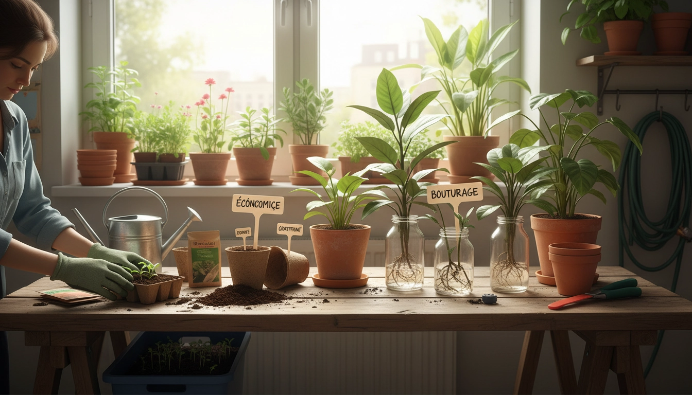 Plateau de semis et boutures de plantes aromatiques sur un balcon urbain ensoleillé